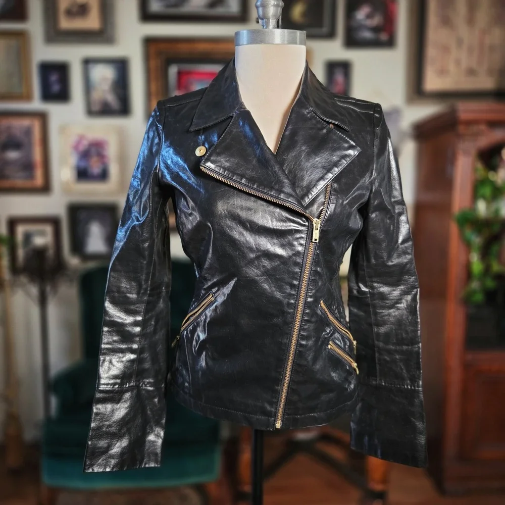 Calvin Klein Leather Jacket Y2K Sample Production Moto Black Fitted Rare GIII‎